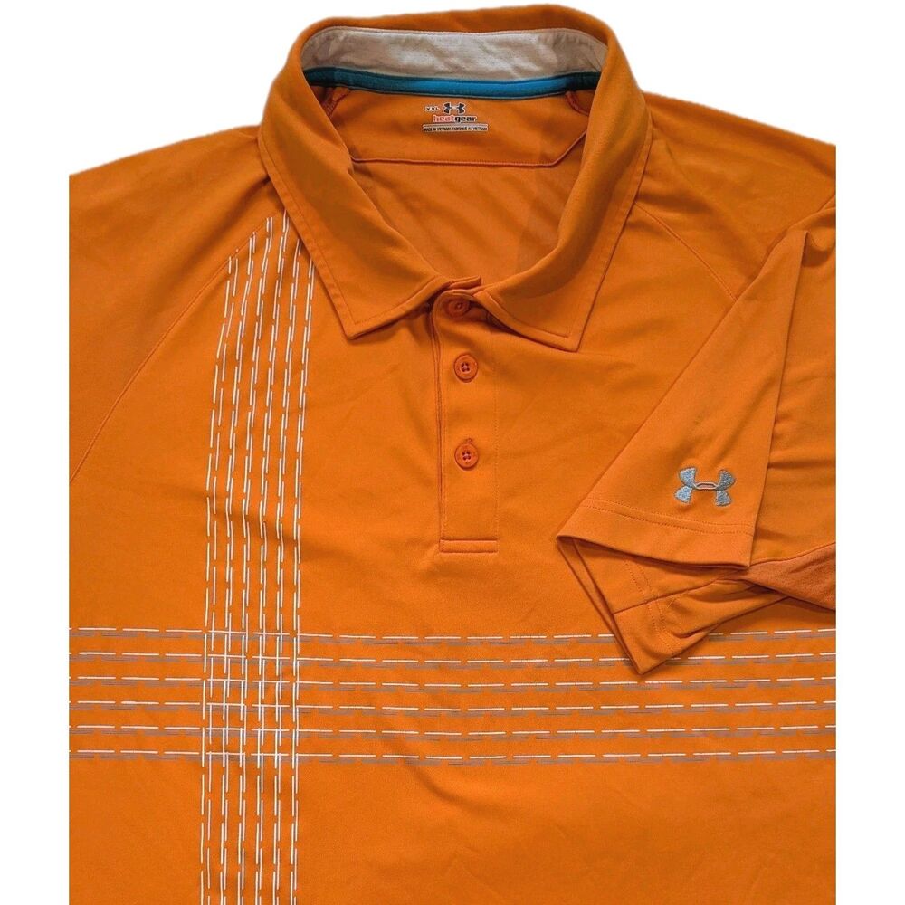 Under Armour Short Sleeve Polo Shirt Men's 2XL Orange Stripes Heat Gear Golf
